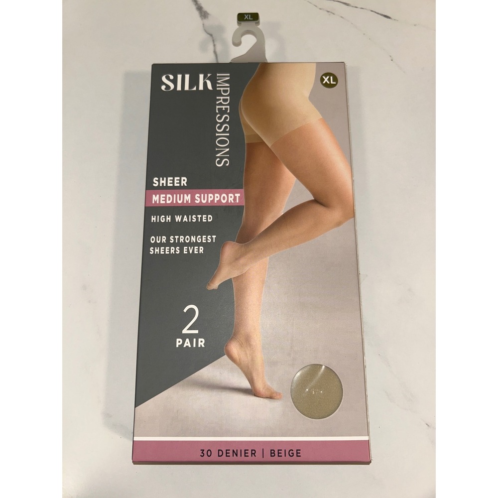 Silk Impressions 2 Pair Sheer Medium Support High Waisted Pantyhose Beige XL